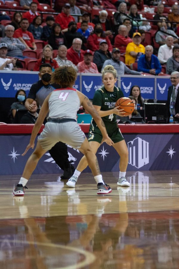 Mckenna Hofschild (4) Colorado State Ram takes on the New Mexico Lobos during the semifinals womens Mountain West tournament in Las Vegas, NV Mar. 8, 2022.