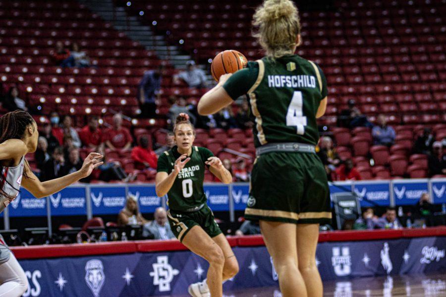 Mckenna Hofschild (4) passes the ball to Kendyll Kinzer (0) during the semifinals Womens Mountain West Tournament against the New Mexico Lobos in Las Vegas Nevada Mar. 8, 2022.