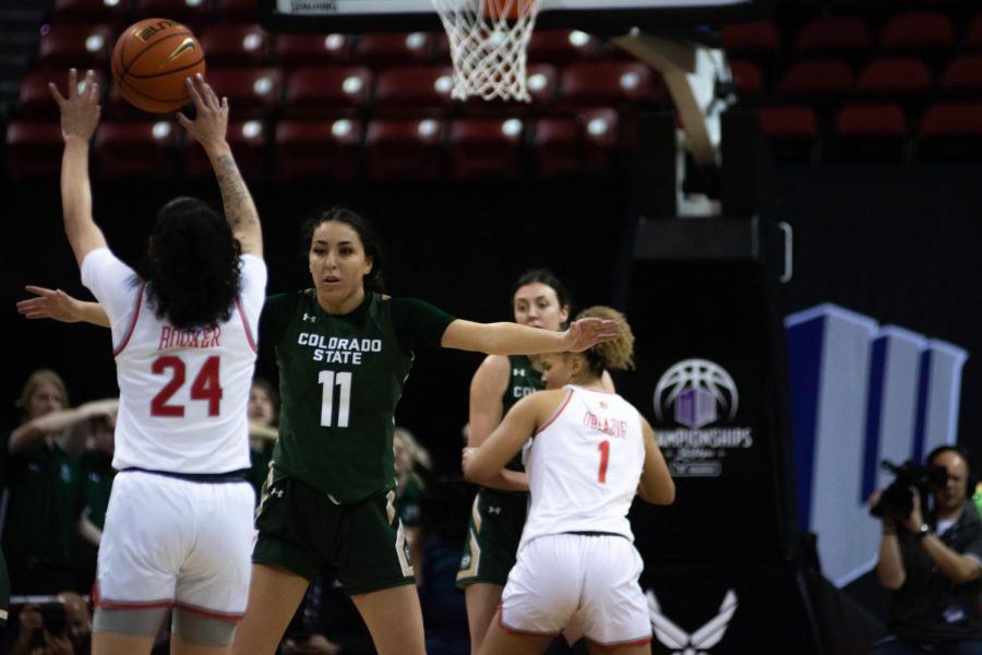 Petra Farkas (11) Colorado State University Ram on defense against the UNLV rebels in the mountain west championship game in Las Vegas NV Mar. 9, 2022.