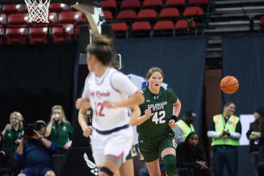 Karly Murphy (42) Colorado State University Ram on offense against the UNLV rebels in the mountain west championship game in Las Vegas NV Mar. 9, 2022.
