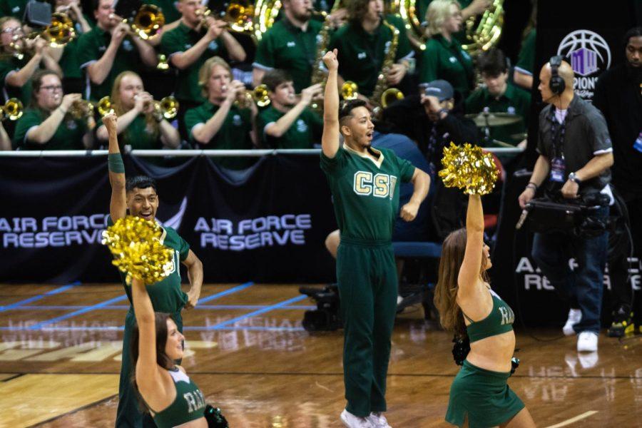 Colorado State University Rams spirit squad cheer on the Rams during their game against the UNLV rebels in the mountain west championship game in Las Vegas NV Mar. 9, 2022.