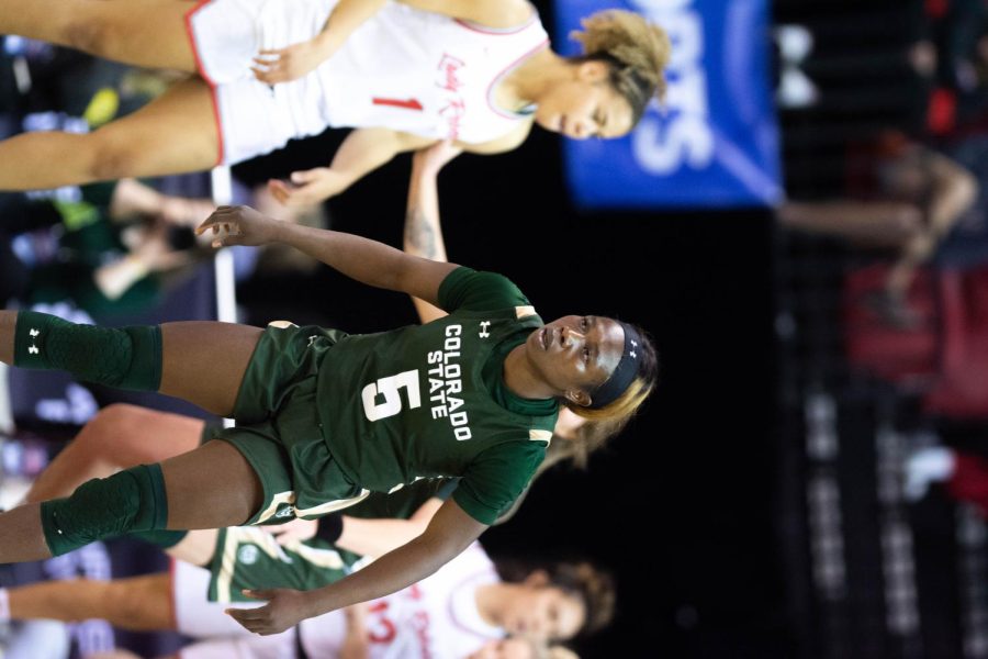 Upe Atosu Colorado State University Ram on defense against the UNLV rebels in the mountain west championship game in Las Vegas NV Mar. 9, 2022.
