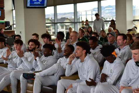 Colorado State University Men's basketball team awaits their seed placement during a private event celebrating selection day at the Canvas Stadium.