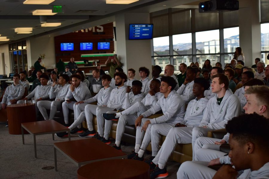 Colorado State University Mens basketball team awaits their seed placement during a private event celebrating selection day at the Canvas Stadium.