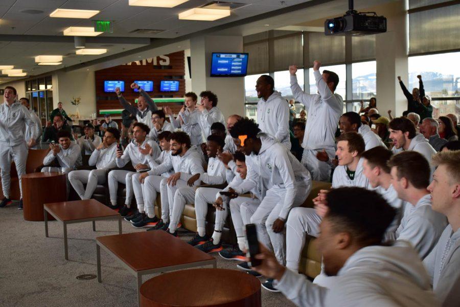 Colorado State University Mens basketball team awaits their seed placement during a private event celebrating selection day at the Canvas Stadium.
