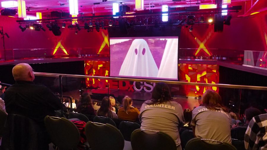 The audience at TEDxCSU watches a short film made by Anna Tomka and Maddie Steele at the Lory Student Center Theatre March 5, 2022.