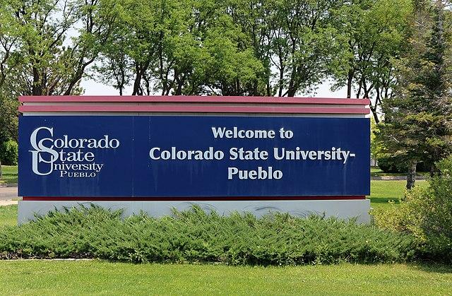 The Colorado State University–Pueblo welcome sign, located at 2200 Bonforte Blvd in Pueblo, Colorado July 7, 2017.