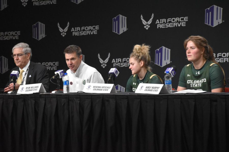 Head coach Ryun Williams, McKenna Hofschild (4) and Karly Murphy (42) speak at the postgame press conference after losing the Mountain West championship game to the University of Nevada, Las Vegas March 9. Colorado State University lost 75-65 to the Rebels.
