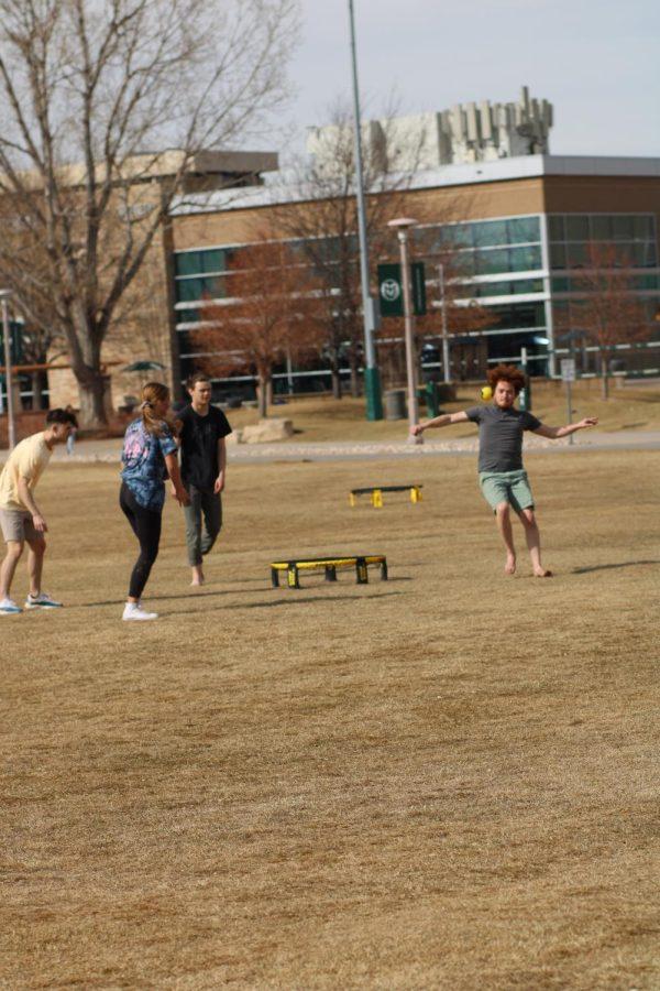 CSU students play spike ball on the IM fields.