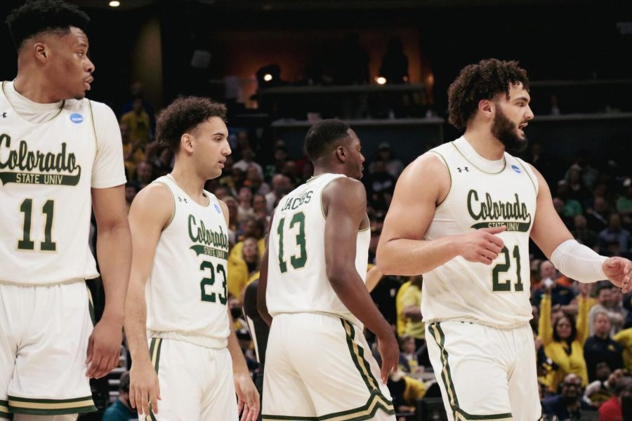 Dischon Thomas, Isaiah Rivera, Chandler Jacobs and David Roddy playing in the First Round against Unversity of Michigan in Indianapolis, Indiana on March 17 for the NCAA Division One Mens Basketball Championship.