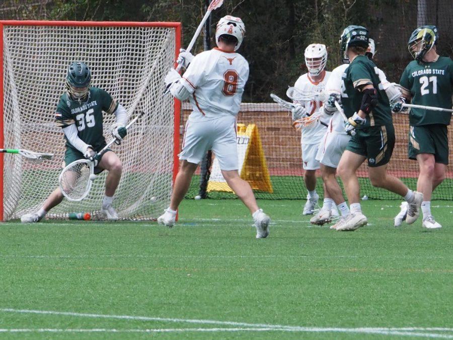 Colorado State goalie Dylan Widdos (35) saves a shot from Texas Attack Cristian Reno (8) March 13, 2022.