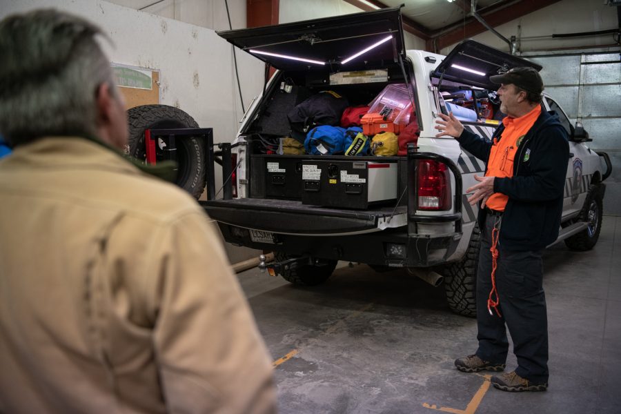 7. Tom Forbes, heavy equipment manager for Larimer County Search and Rescue, gives an overview of the LCSAR team’s gear truck March 5.