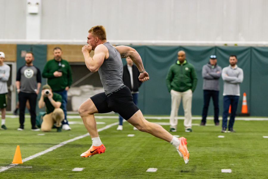 Colorado State tight end Trey McBride runs a 40-yard dash during CSU pro day March 30. McBride is highly expected to be drafted into the NFL and ran a recorded 4.56-second 40.