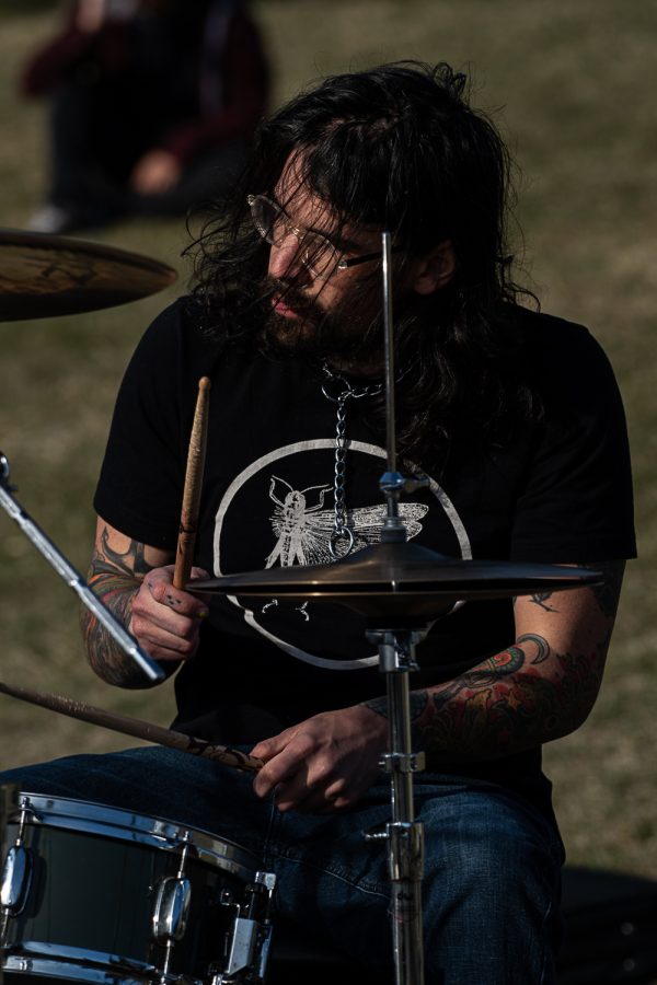 Nick Perich, of the band King Crawdad, plays drums at Colorado State University’s FoolsFest co-hosted with Blast N Scrap Apr 1.