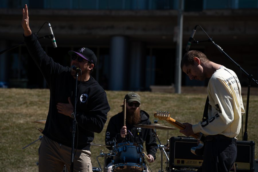 Cosme Martinez, Riley Davis and Steven Davis, of the band WolfBlitzer, play an original song at K-Colorado State University’s FoolsFest Apr 1. “I really like that this scene in Fort Collins seems to be more about community than competition,” Steven Davis stated, “The same massive group of people seem to go to the same kind of shows regardless of style, its easy to support and easy to be supported.”