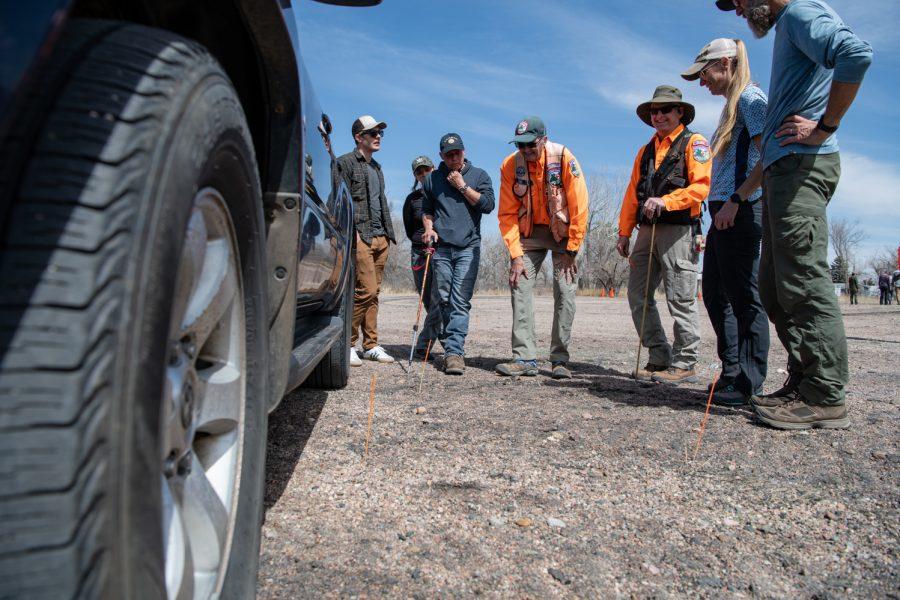 8. Scott Evans and Dave Hake teach students of Larimer County Search and Rescues basic search and rescue training how to track a subject and secure a vehicle April 2.