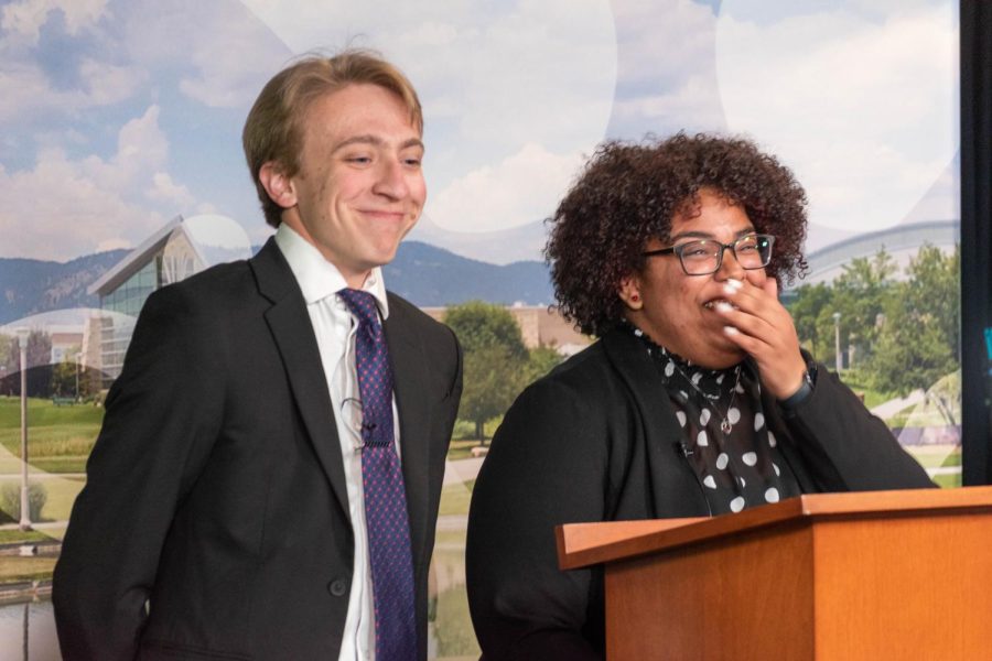Rob Long and Elijah Sandoval, President and Vice President Elect for the Associated Students of Colorado State University, smile during their acceptance speech for the positions Apr. 6, 2022.