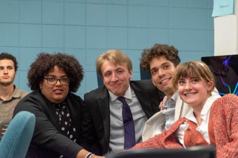 Elijah Sandoval, Rob Long, Sam Moccia, and Hayden Daeso, the candidates for Associated Students of Colorado State University president and vice president, watch elections results for the positions Apr. 6, 2022.