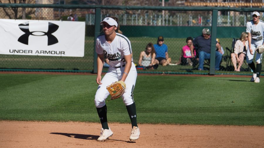 Colorado State infield Morgan Crosby (3) prepares for a swing from a University of New Mexico batter April 8, 2022.