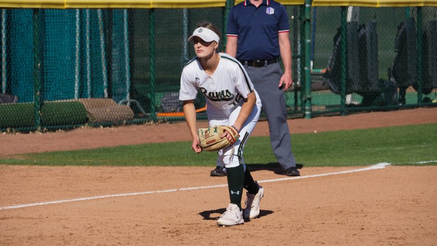 Colorado State infield Kaitlyn Cook (16) prepares for a incoming ball against the University of New Mexico April 8, 2022.