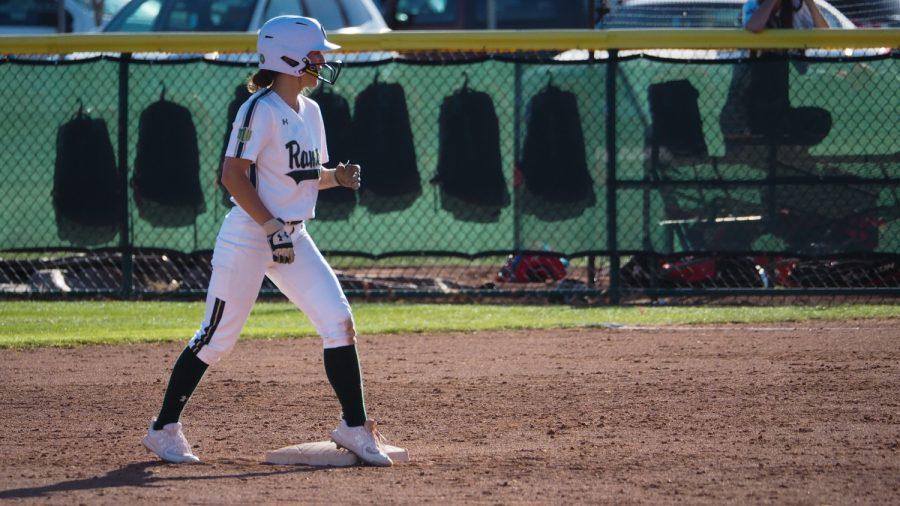 Colorado State outfield Ashley Michelena stands on second base watching home plate for a swing to advance to third April 8, 2022