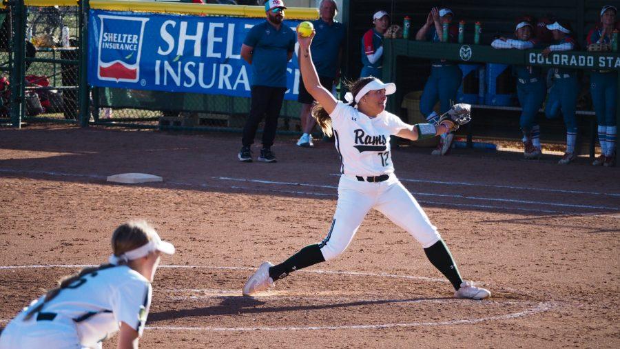Colorado State pitcher Julia Cabral (12) pitches the ball against the University of New Mexico April 8, 2022.
