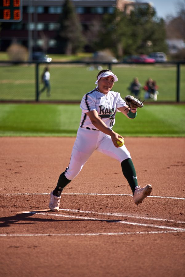 Colorado State pithcer Julia Gabral pithces the ball against the University of New Mexico. April 8, 2022.