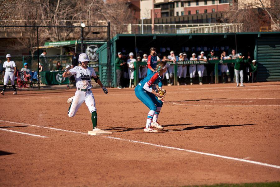 Colorado State first base Hailey Smith tries to get to first base but is tagged out. April 8, 2022.