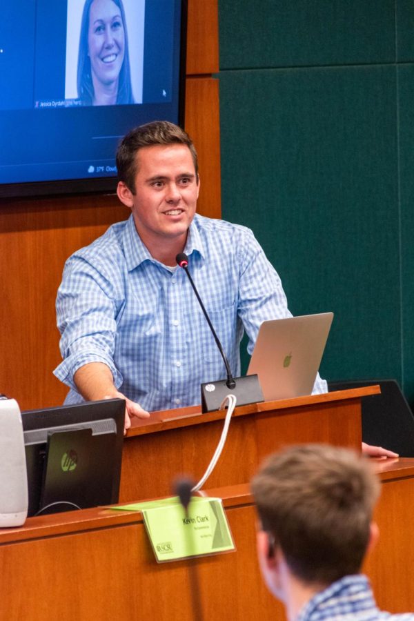 Associated Students of Colorado State University President Christian Dykson presents his executive report at the senate during the senate meeting Apr. 13, 2022.