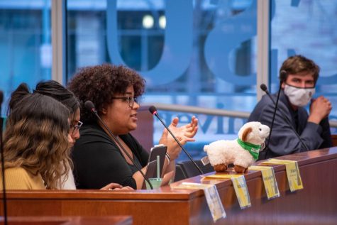 Elijah Sandoval, Associated Students of Colorado State University Senator for the First Generation Student Collective Board, explains her perspective on why Lyft secure codes to the Health Network could be beneficial to students during the senate meeting Apr. 13, 2022.