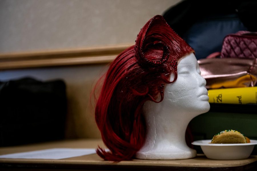 Lala Queen’s wig sits backstage while they are doing hair and makeup