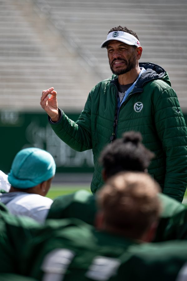 Colorado State University head coach Jay Norvell gives a speech to the team after practice in Canvas Stadium