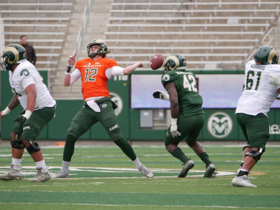 Colorado State quarterback Giles Pooler (12) fumbles the ball on a pass attempt at the Colorado State football Green and Gold game April 23