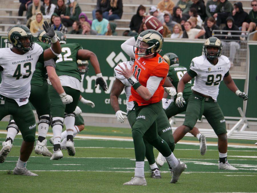 Colorado State quarterback Clay Millen (11) passes the ball April 23 at the Green and Gold intra-squad scrimmage.