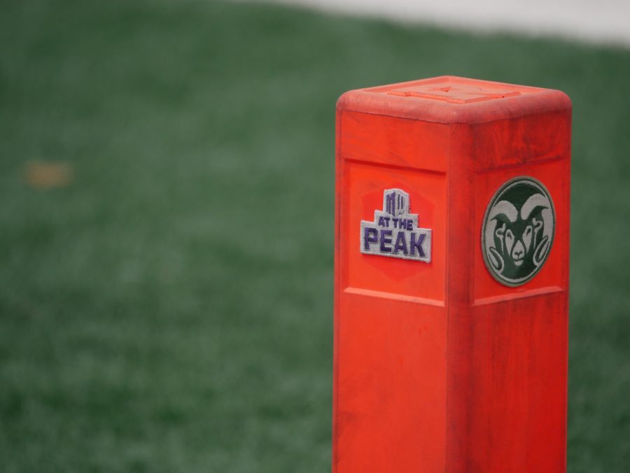 A end-zone pylon at Canvas Stadium featuring the Colorado State and Mountain West logos April 23.