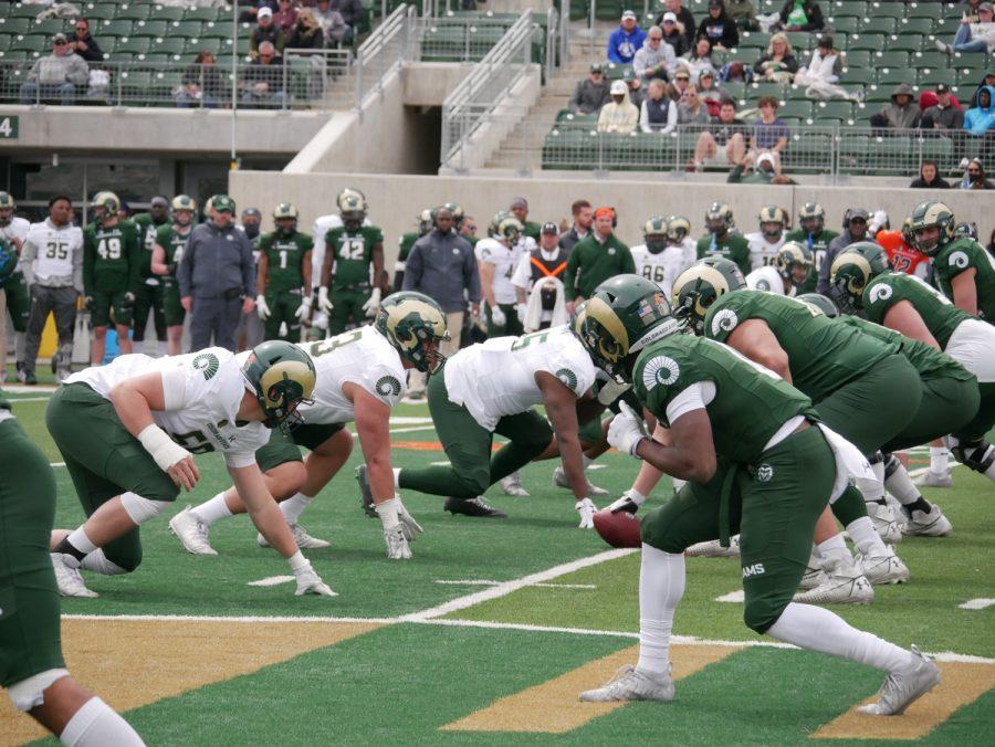The offensive and defensive lines of the Colorado State football line up before a snap in the Green and Gold game April 23.