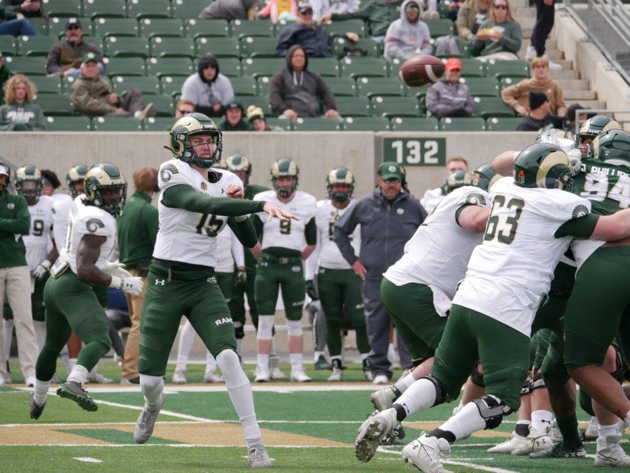 Colorado State quarterback Jackson Stratton (15) passes the ball at the Green and Gold intrasquad scrimmage April 23.