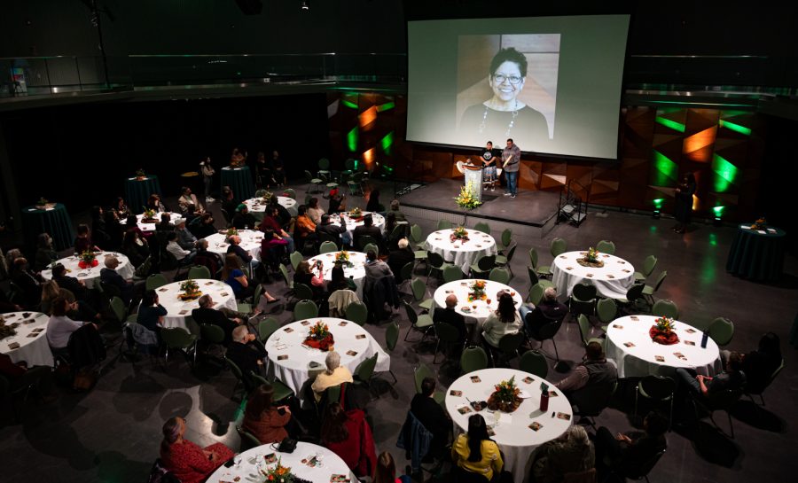 Community members gather in the Lory Student Center Theatre to memorialize Mary Ontiveros, Colorado State University's first vice president of diversity, April 25.