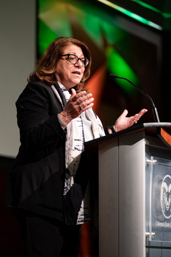 Colorado State University President Joyce McConnell gives a speech in the Lory Student Center during CSU's first vice president of diversity Mary Ontiveros' memorial service