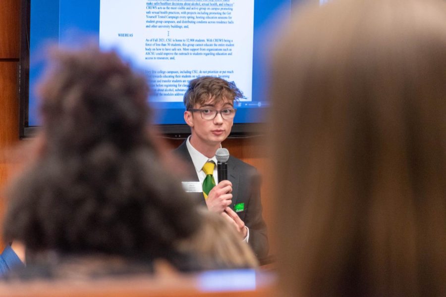 Alex Silverhart, the Interim Budgetary Affairs Committee Chair for Associated Students of Colorado State Unviersity, presents a bill to require a sexual health course for incoming students to ASCSU during the meeting April 27.