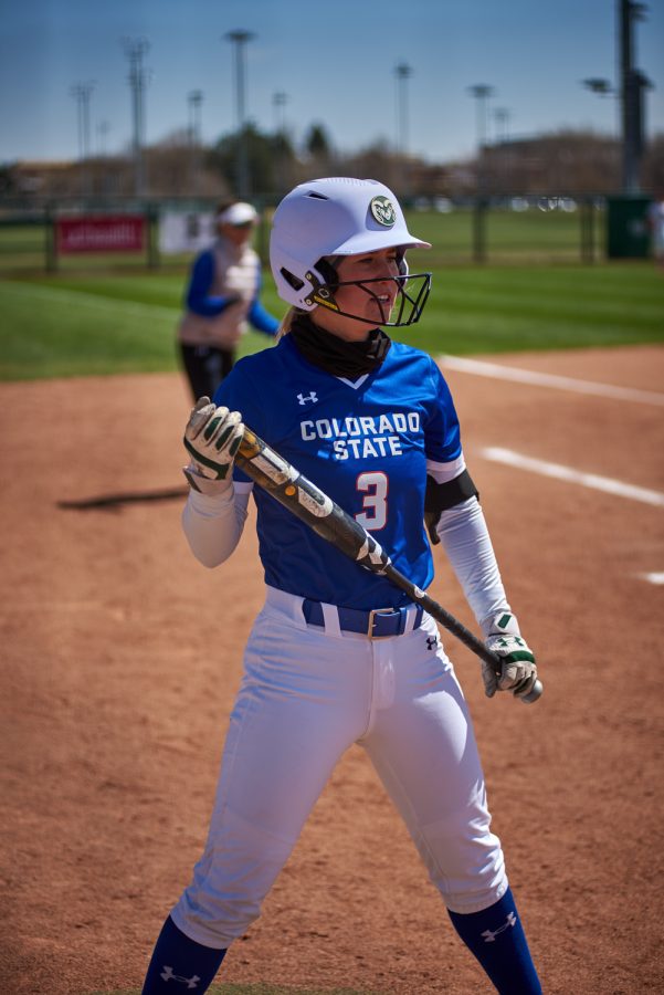 Colorado State freshman, Morgan Crosby warms up her swing at the on deck circle April 10, 2022.