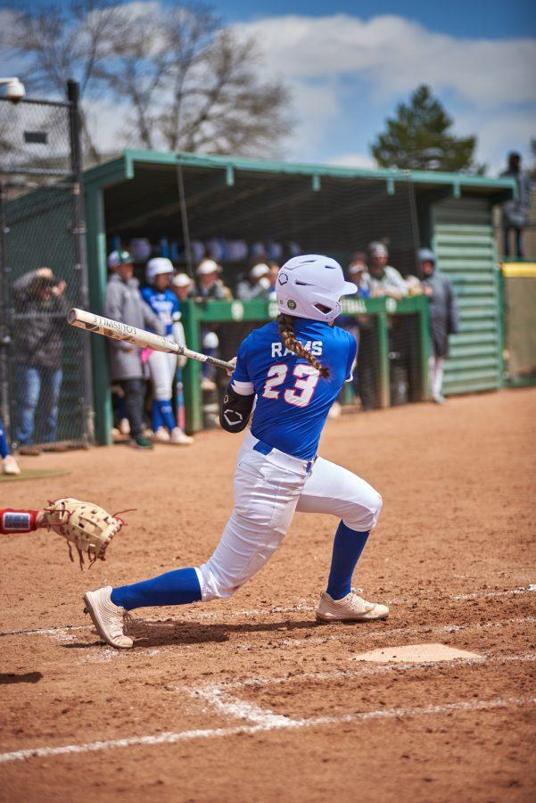Colorado State junior Peyton Allen hits the ball causing a run batted in