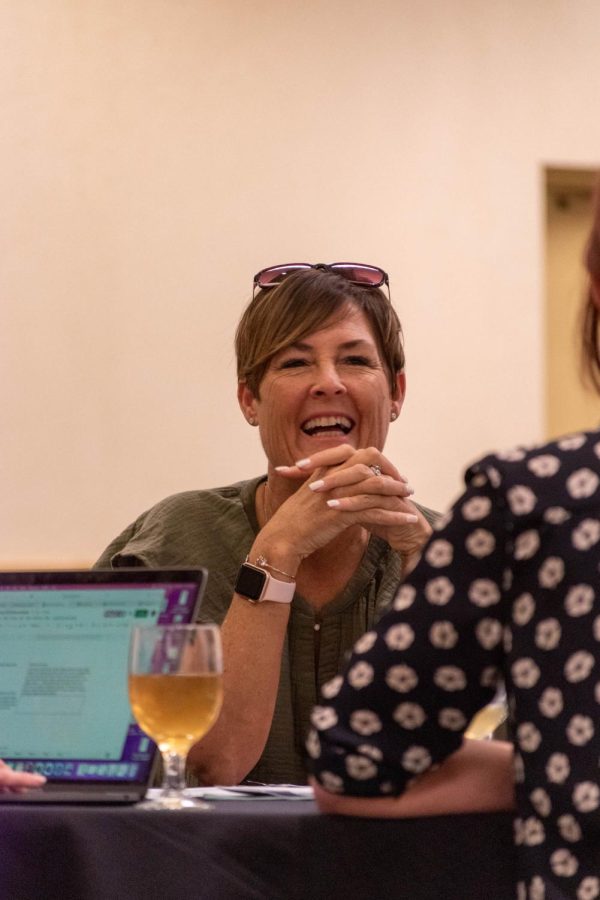 Shirley Peel, City of Fort Collins Council member representing district 4, laughs at a joke made at her table during the Associated Students of Colorado State University Campus Community Roundtable April 21.