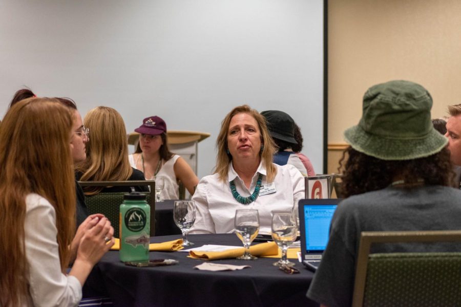 Jody Shadduck-McNally, Larimer Country Commissioner of District 3 and Chair Pro Tem, discusses sustainability with students at the Associated Students of Colorado State University Campus Community Roundtable April 21.