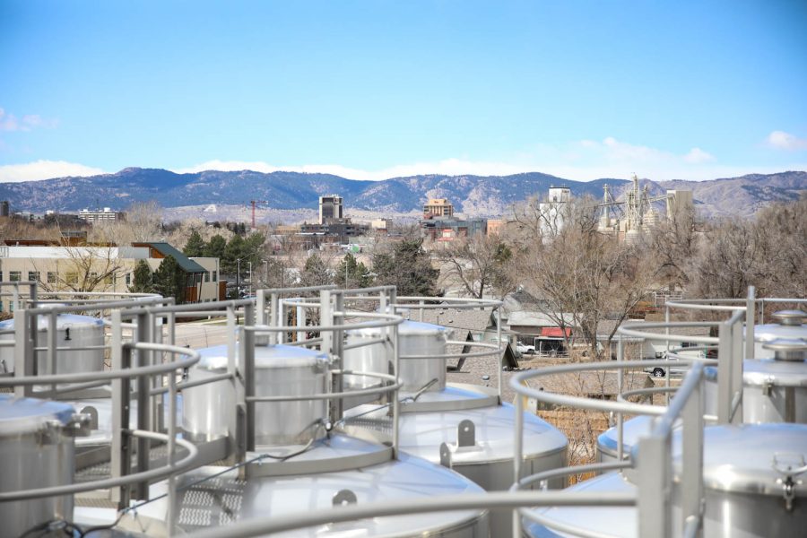 Fort Collins, The A and the Front Range are seen from the top of Odell Brewing Companys grain silos located at 800 E Lincoln Ave, Fort Collins, Colorado April 6.
