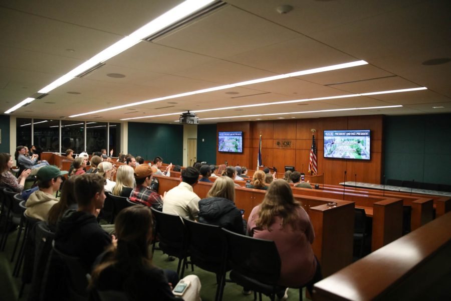People watch as the new Associated Students of Colorado State University president and vice president are announced April 6. The new president will be Robert Long while the vice president will be Elijah Sandoval.