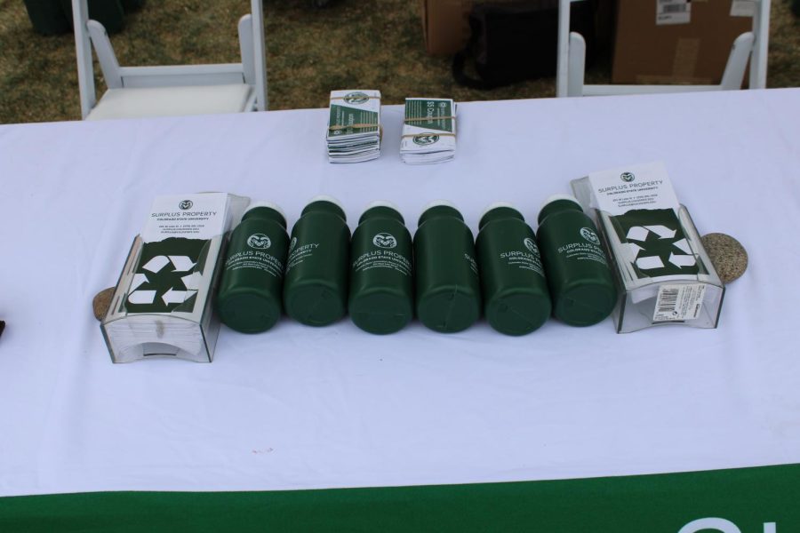 CSU water bottles sit on a table at the Fort Collins Earth Day Festival.