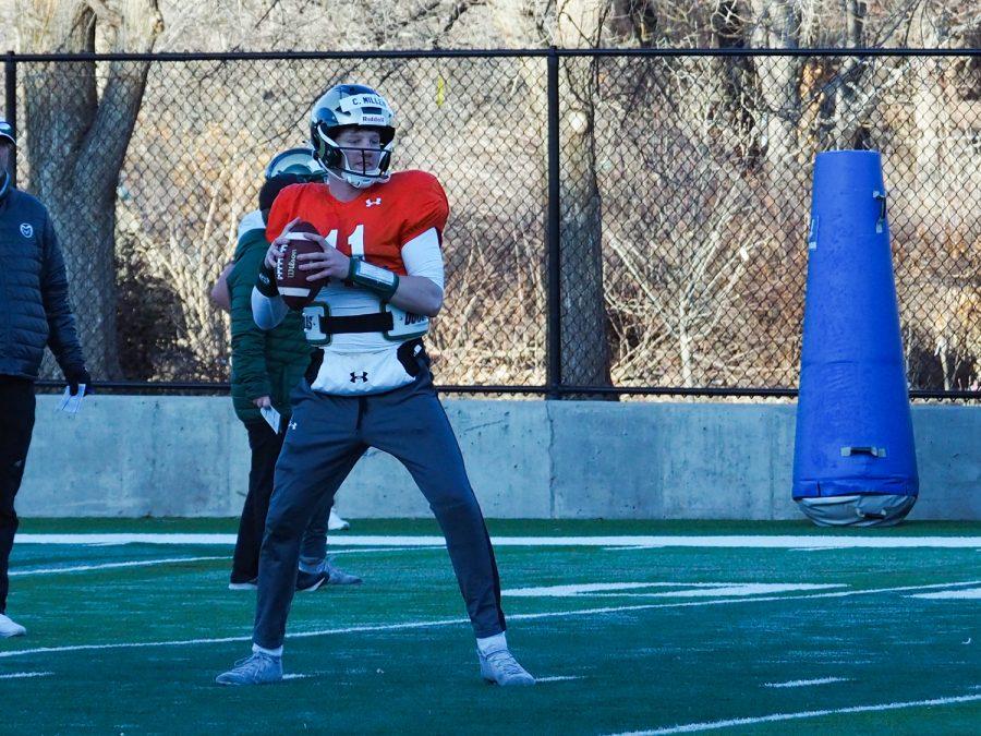 Sophomore quarterback Clay Millen (11) looks to pass the ball at the Colorado State football morning practice March 31, 2022.