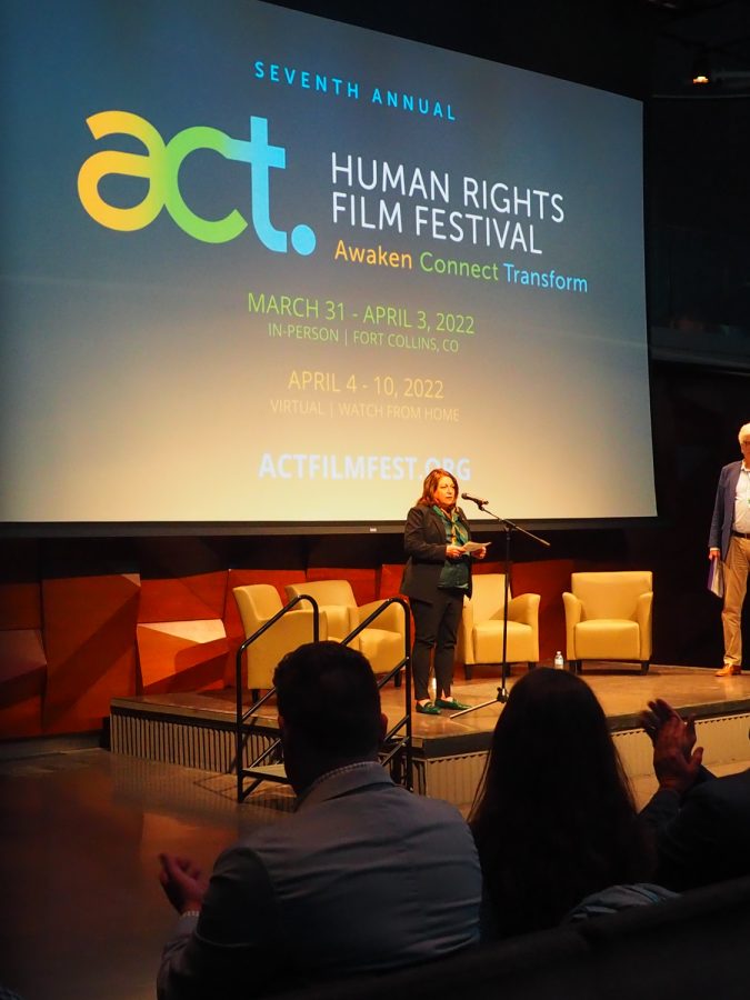 Colorado State University President Joyce McConell addresses the crowd at the act Film festival March 31, 2022.