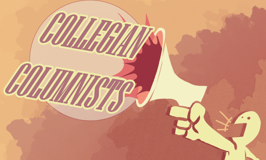 Illustration of red and orange colored background with a person yelling into a megaphone, "Collegian Columnists."